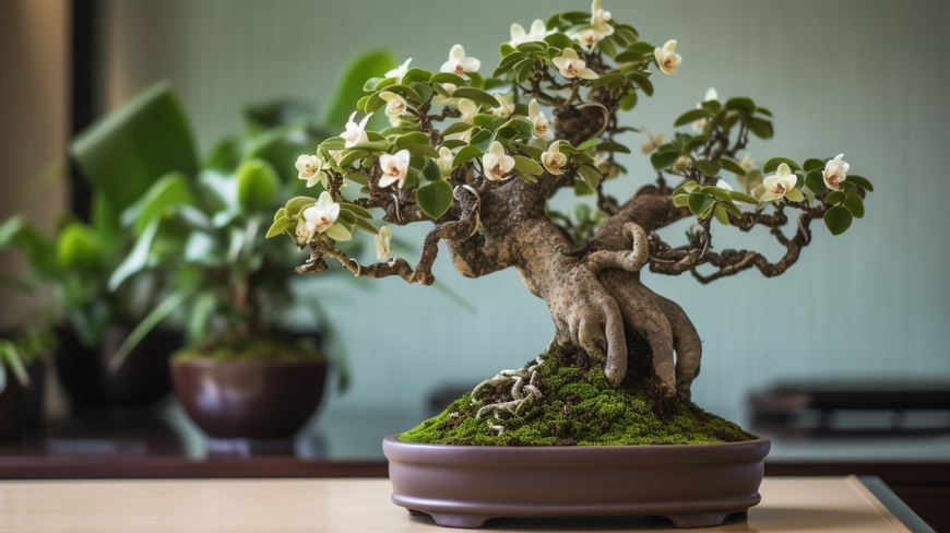 meticulously pruned indoor bonsai tree