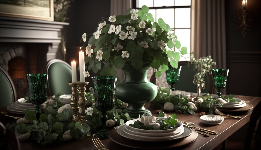 A festive St. Patrick's Day table setting with a stunning green and white floral centerpiece, surrounded by Irish-themed decorations