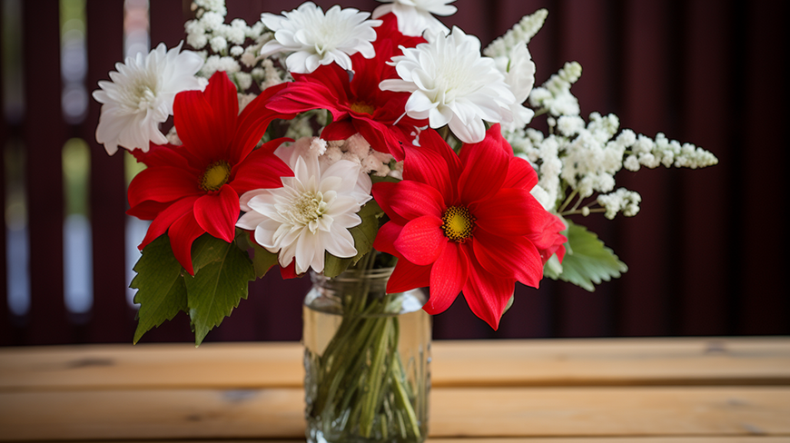 Red and White Canada Day Flowers in a Rustic Vase