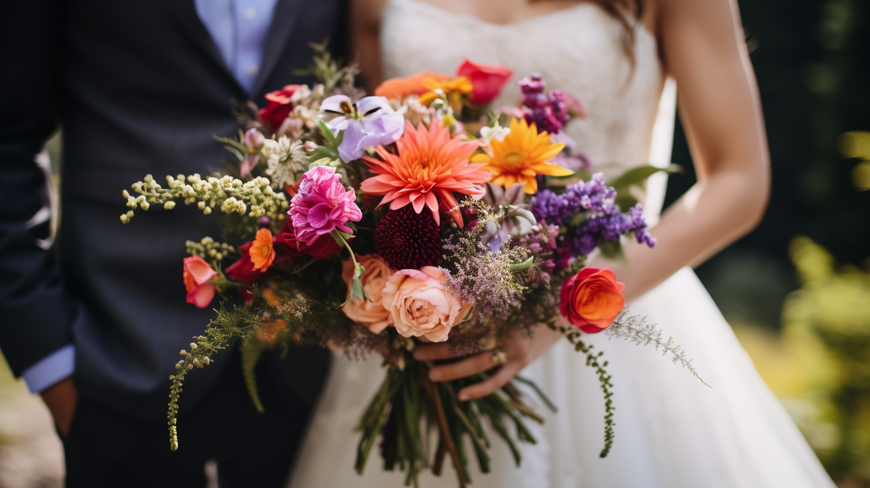 Bride holding eco-friendly wedding flowers bouquet