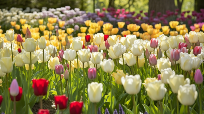 A serene garden scene filled with diverse tulip varieties, accompanied by text highlighting tips for choosing and caring for the best tulips