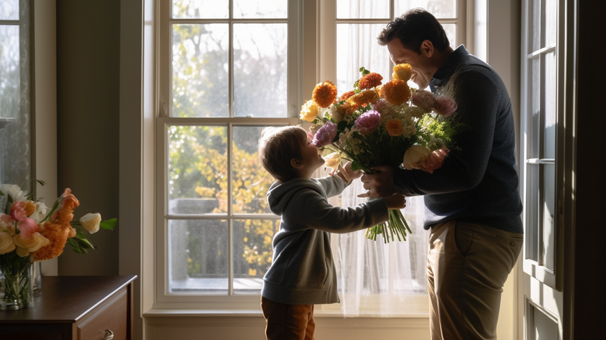 Father receiving Father's Day bouquet