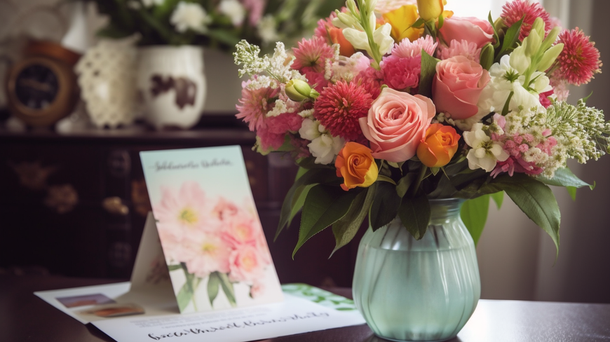 beautiful and colorful bouquet of flowers displayed in a stylish vase, with a Mother's Day card placed next to it on a table