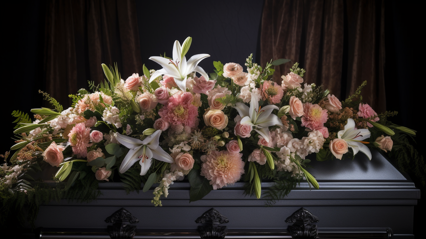 A beautiful funeral flower spray, a tapestry of roses, lilies, and orchids, resting gracefully on an elegant casket against the backdrop of a serene Vancouver cemetery.
