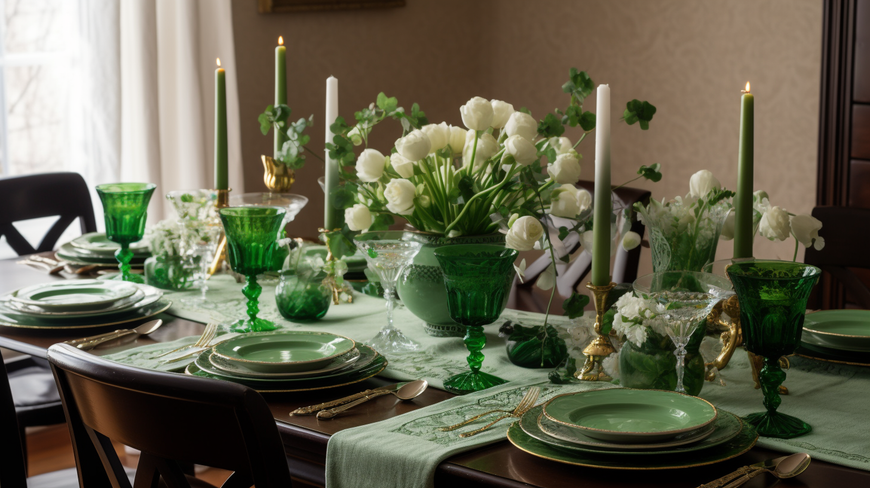 beautifully decorated table for St. Patrick's Day with green bouquets