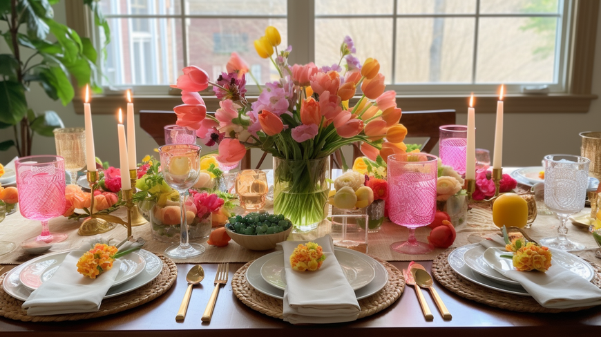 A beautifully set table for a Mother's Day brunch, featuring a vibrant centerpiece of flowers from Tooka Florist