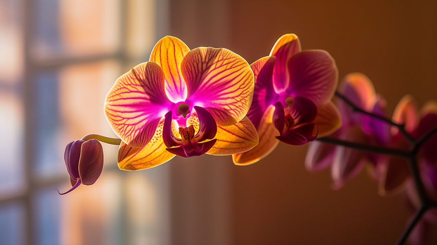 A close-up landscape orientation of a vibrant and exotic orchid in full bloom