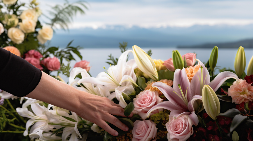  Close-up of assorted funeral flowers including lilies, roses, and orchids