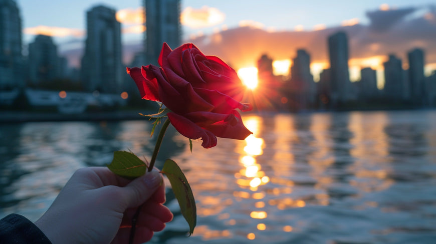 Red roses bouquet Valentine's Day with Vancouver skyline