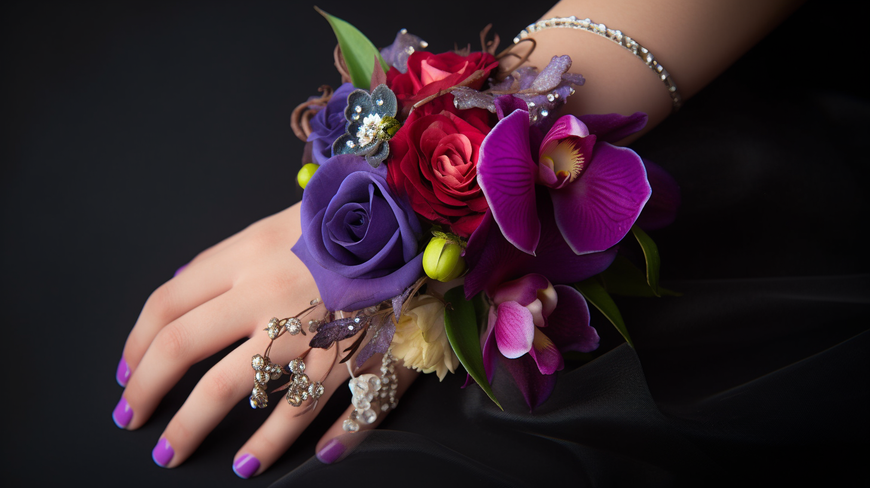close-up shot of an elegant hand, adorned with a beautifully crafted corsage