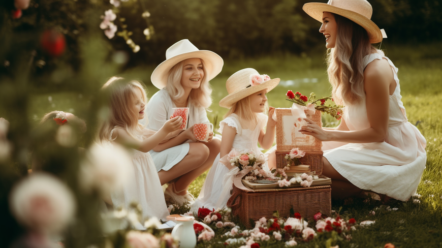 A family enjoying a Mother's Day celebration outdoors with a picnic