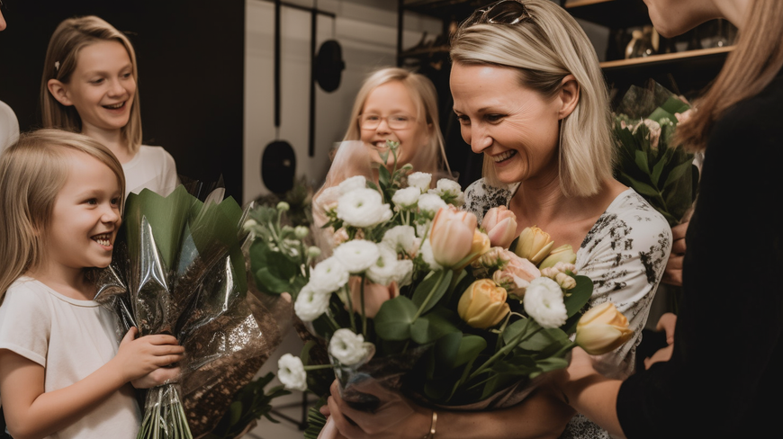 A happy mother holding a stunning bouquet from Tooka Florist's Mother's Day Collection