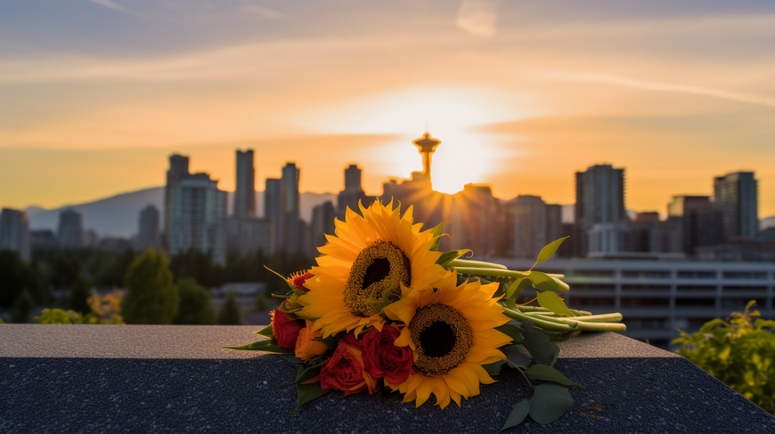 A radiant sunflower bouquet on a graduation cap against a beautiful backdrop of Vancouver's skyline at sunset