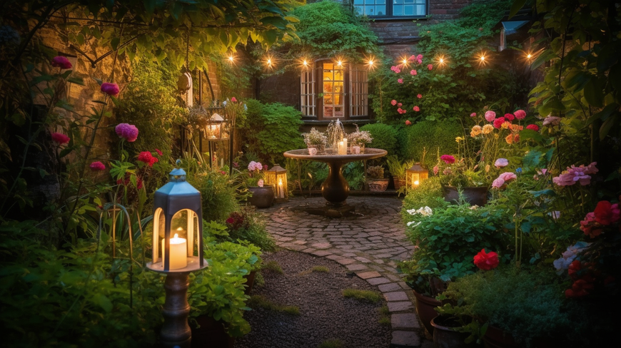A serene English garden in the evening with a tranquil water feature