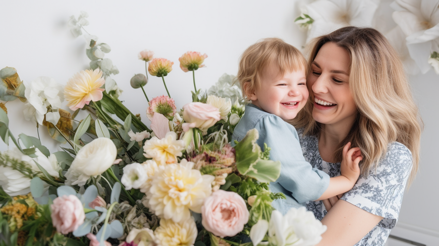 smiling mother holding a stunning floral arrangement