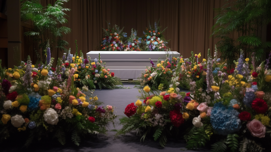A solemn scene at a funeral with a variety of flowers in different colors