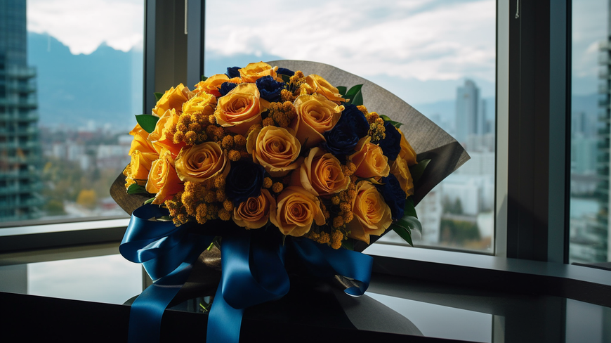 A vibrant bouquet of roses and orchids, wrapped in elegant paper of deep blue and gold.