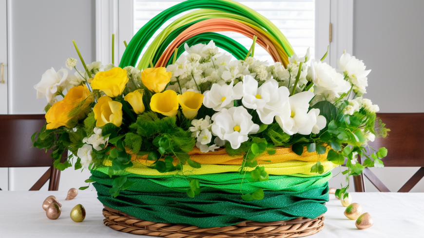 whimsical St. Patrick's Day centerpiece featuring a basket arrangement with green and white flowers