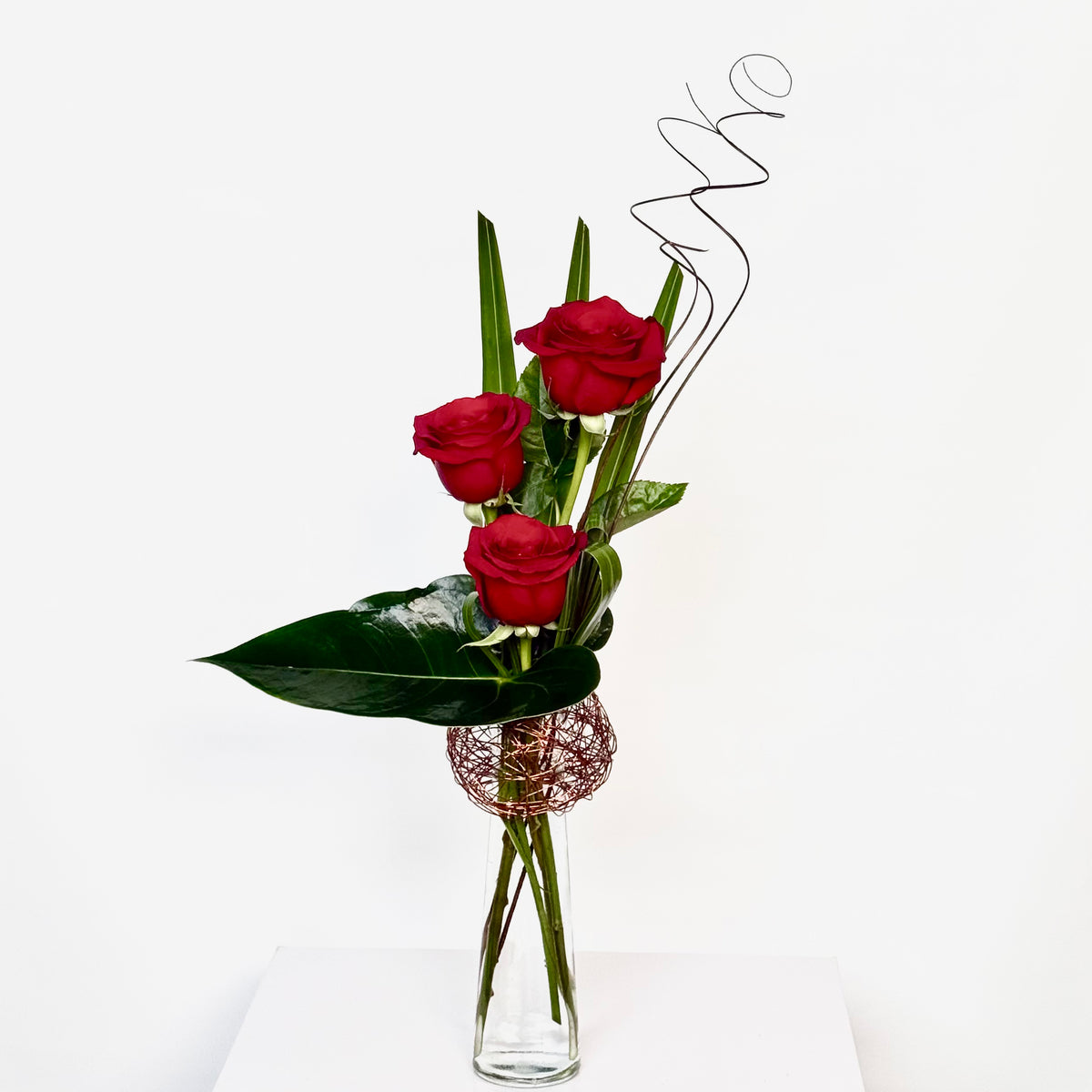 Minimalist Three Red Roses Arrangement