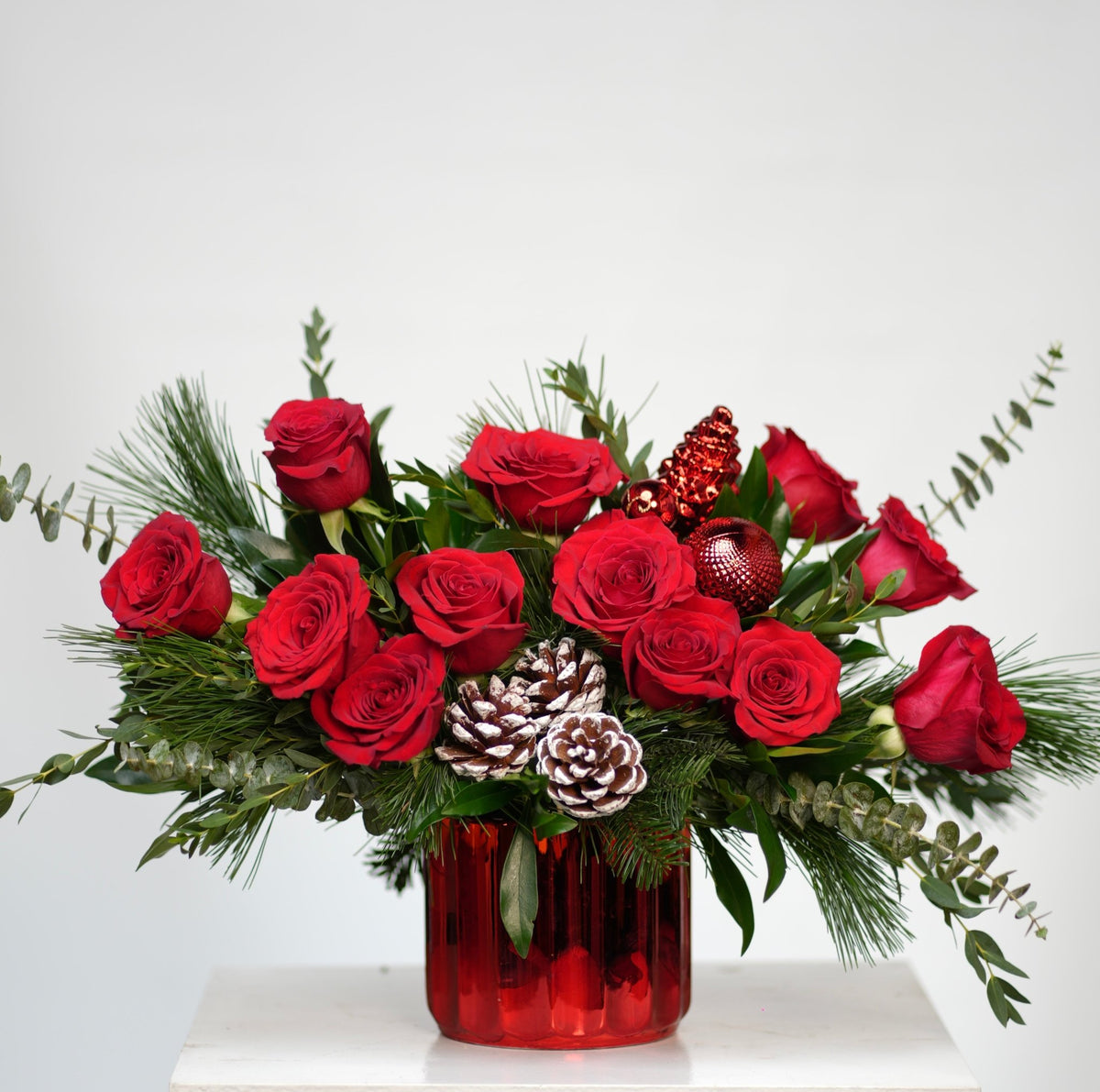 Crimson Holiday Rose Centerpiece by Tooka Florist – Luxury Flowers Serving North, West & Greater Vancouver