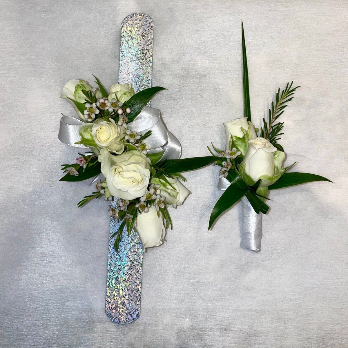 Elegant White Rose Prom Set – Corsage & Boutonniere by Tooka Florist – Luxury Flowers Serving North, West & Greater Vancouver