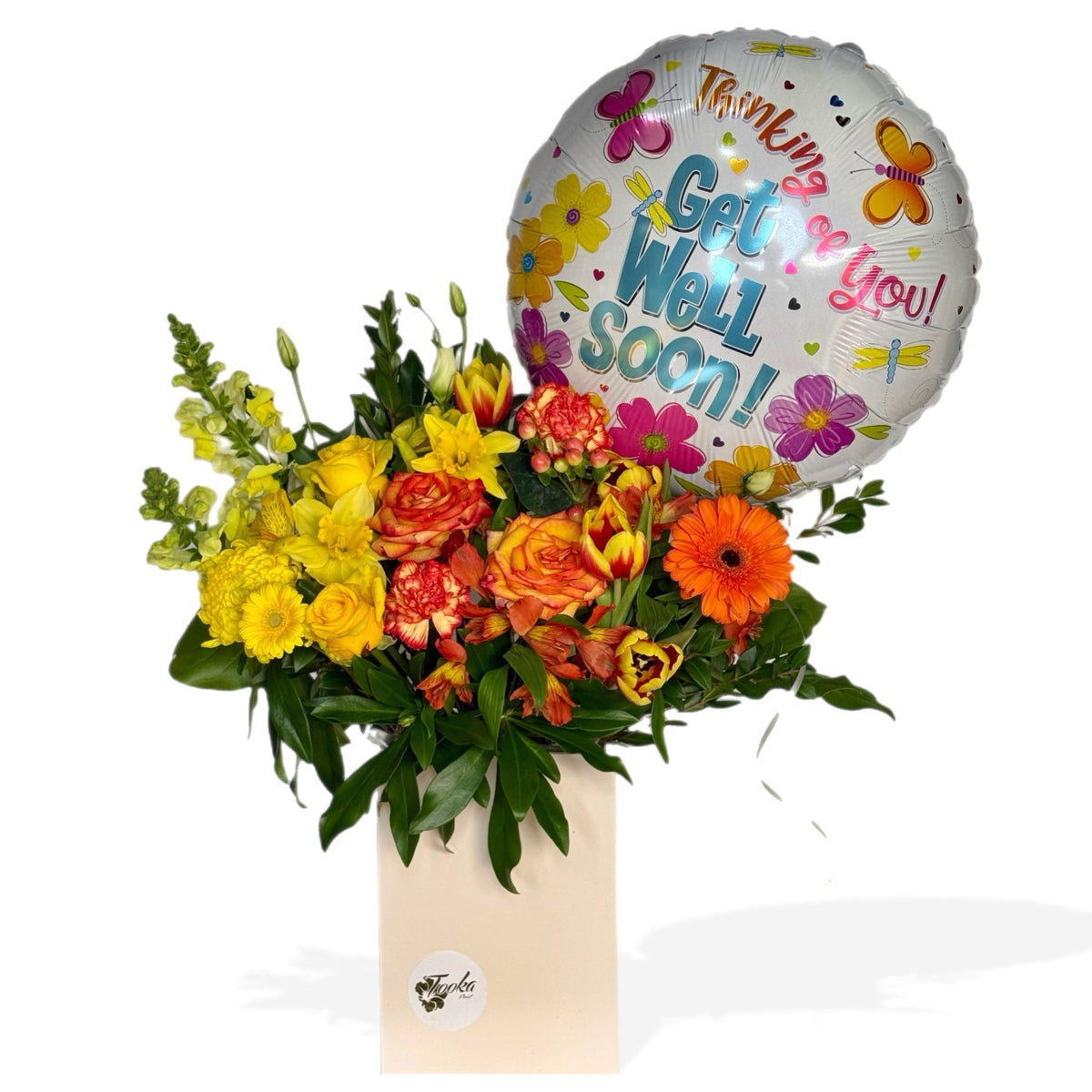 Get Well Soon Flower Box with Balloon by Tooka Florist – Luxury Flowers Serving North, West & Greater Vancouver
