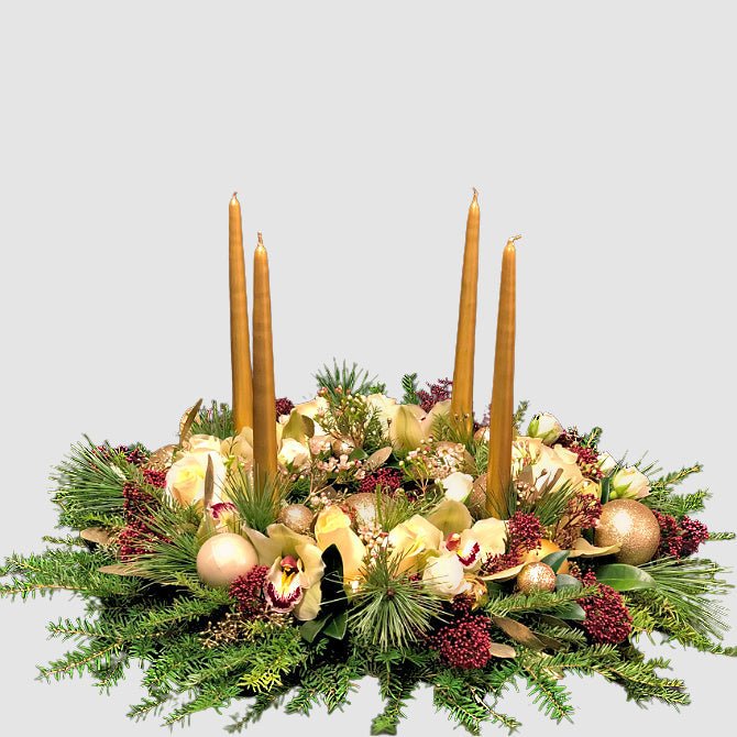 Golden Centerpiece ( (Adventskranz centerpieces) by Tooka Florist – Luxury Flowers Serving North, West & Greater Vancouver