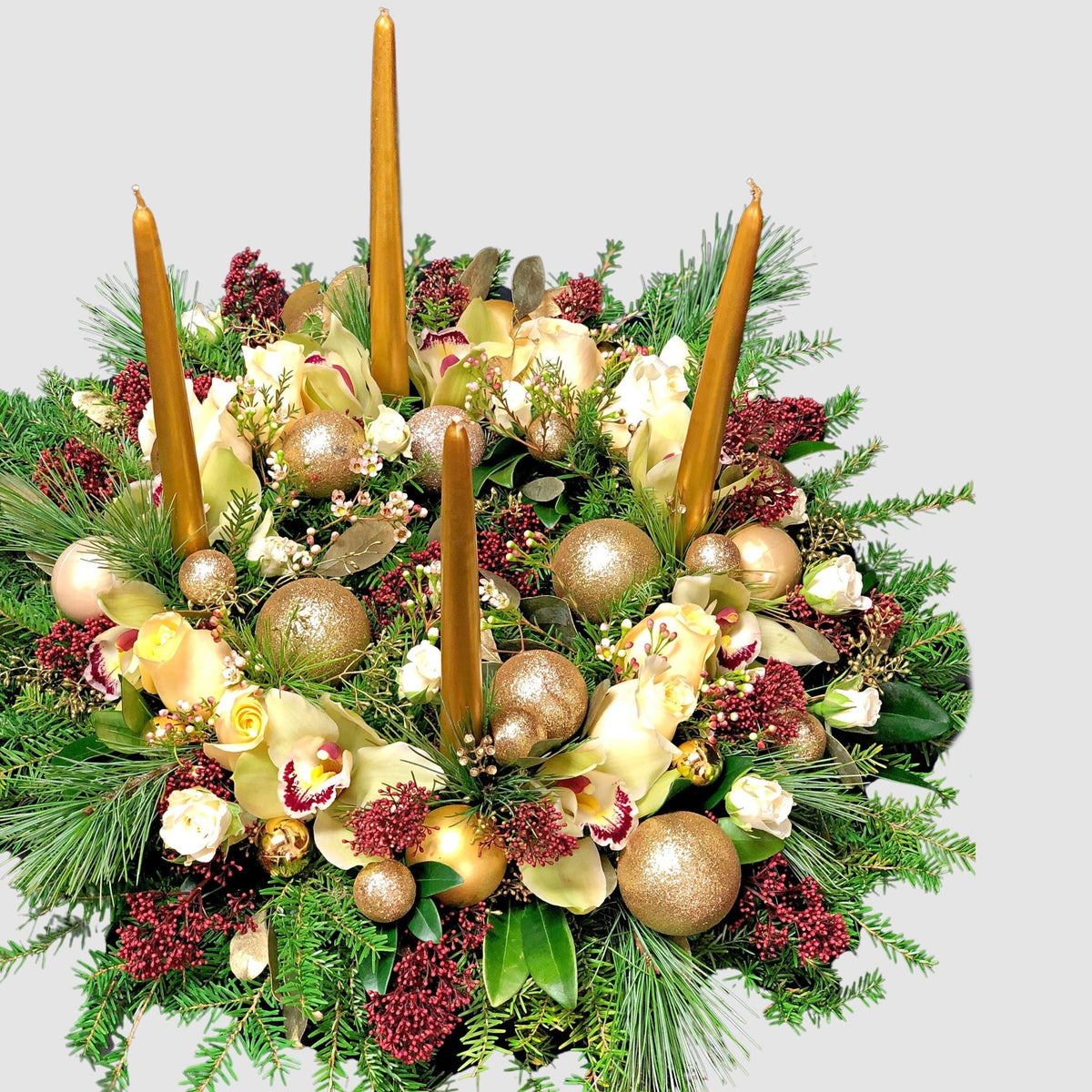 Golden Centerpiece ( (Adventskranz centerpieces) by Tooka Florist – Luxury Flowers Serving North, West & Greater Vancouver