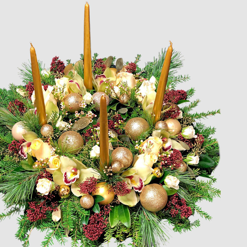 Golden Centerpiece ( (Adventskranz centerpieces) by Tooka Florist – Luxury Flowers Serving North, West & Greater Vancouver