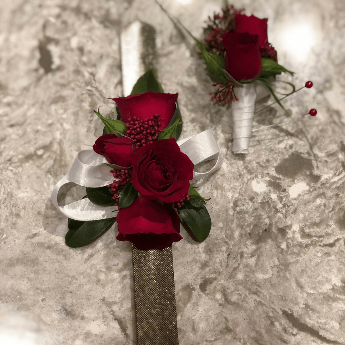Red Corsage and Boutonniere Set by Tooka Florist – Luxury Flowers Serving North, West & Greater Vancouver