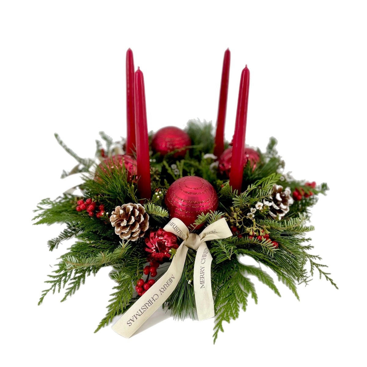 Traditional Red Candle Centerpiece (Adventskranz centerpieces) by Tooka Florist – Luxury Flowers Serving North, West & Greater Vancouver
