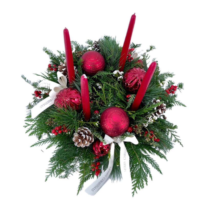Traditional Red Candle Centerpiece (Adventskranz centerpieces) by Tooka Florist – Luxury Flowers Serving North, West & Greater Vancouver