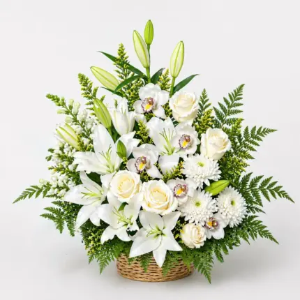 Basket of Love - White lilies, white orchids, and cream roses in woven basket Vancouver