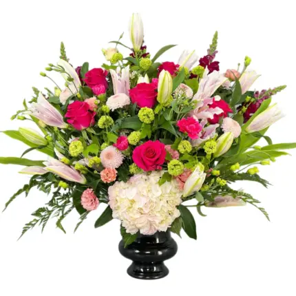 Beyond Pink luxury floral arrangement - Pink lilies and roses black vase Vancouver
