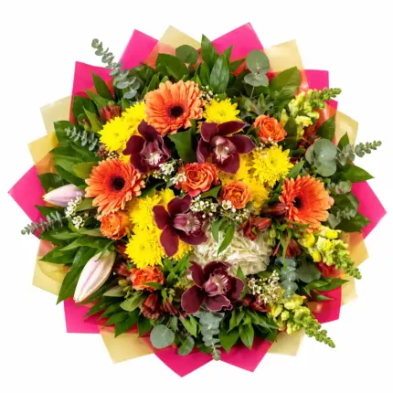 Birthday Cheers bouquet - Vibrant orange gerberas, burgundy orchids, and yellow chrysanthemums Vancouver