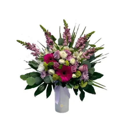 Bubble Gum arrangement - Pink gerbera, purple snapdragons, and roses in white cylindrical vase Vancouver