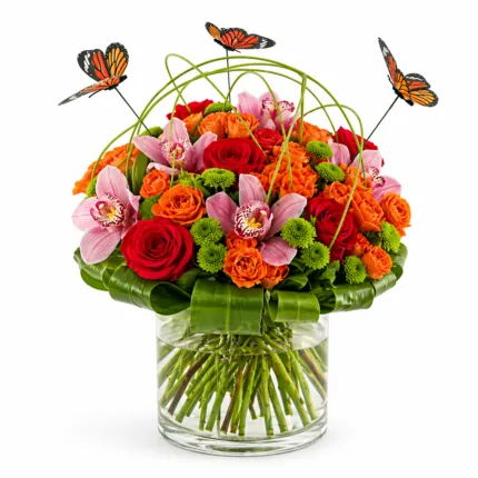 Butterfly Arrangement - Orange roses and pink cymbidium orchids with butterfly accents Vancouver