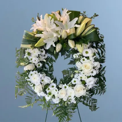 Elegant Embrace Wreath - White lilies and roses funeral floral wreath Vancouver