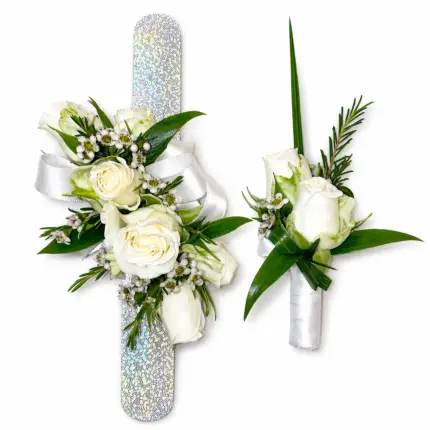 Elegant White Rose Prom Set - White rose wrist corsage and boutonniere with glitter band Vancouver