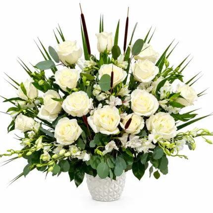 Elegant White Rose Vase Arrangement - White roses and lisianthus in ceramic vase Vancouver