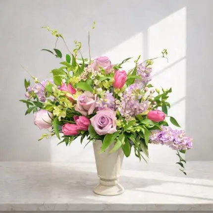 English Garden floral arrangement - Lavender roses, pink tulips, and purple blooms in ceramic urn vase Vancouver