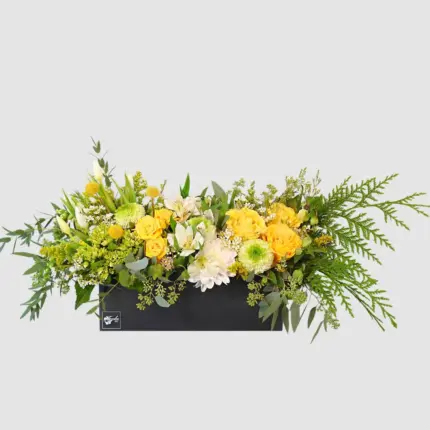 Eternal Sunshine flower arrangement - Yellow roses and white blooms in black box Vancouver