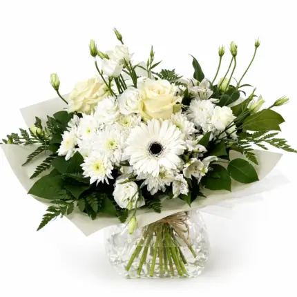 Eternal love Bouquet in Aqua pack - White gerberas and roses in aqua pack vase Vancouver