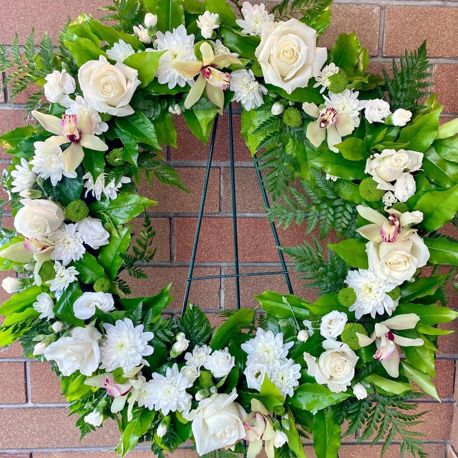 Faithful Wishes Wreath Faithful Wishes Wreath - White roses and orchids funeral flower wreath Vancouver
