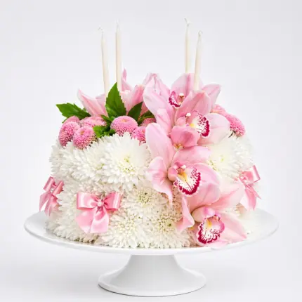Flower Cake arrangement - Birthday floral cake with white chrysanthemums, pink orchids, and candles Vancouver