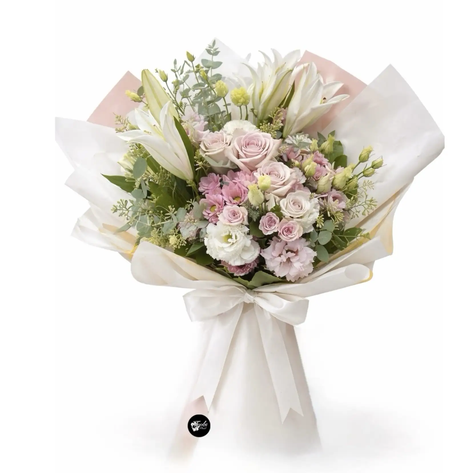 Gorgeous Pink Bouquet Gorgeous Pink Bouquet - Soft pink roses, white lilies, and alstroemeria wrapped in pink paper Vancouver