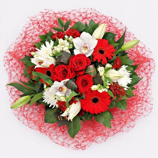 Gorgeous Red Bouquet Gorgeous Red Bouquet - Premium red roses, red gerberas, and white orchids with red mesh wrapping Vancouver