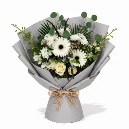 Isle of white bouquet - White gerberas, roses, and chrysanthemums in grey wrapping Vancouver