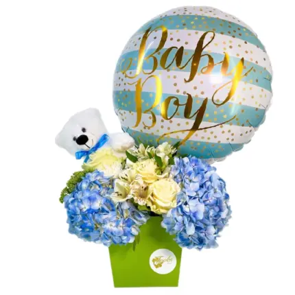 Its A Boy flower box - Baby Boy balloon blue hydrangea and teddy bear Vancouver