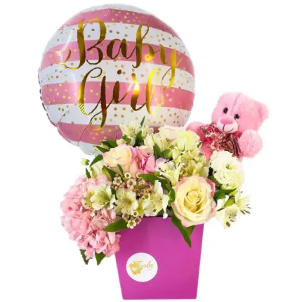 Its A Girl flower box - Baby Girl balloon pink flowers and teddy bear Vancouver